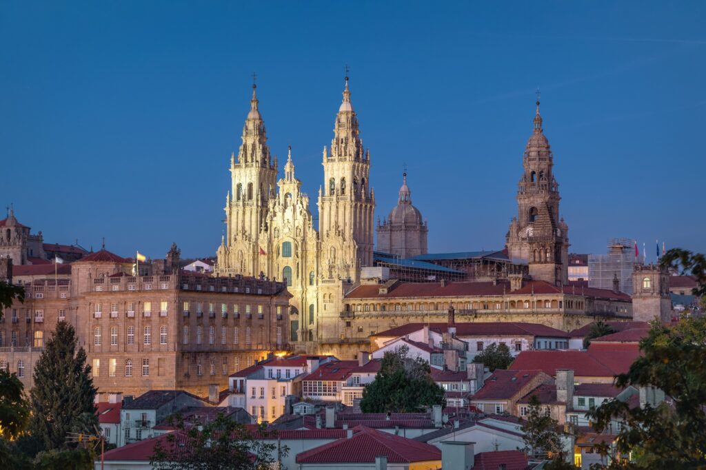Santiago de Compostela, Spain. Illuminated Cathedral at dusk
