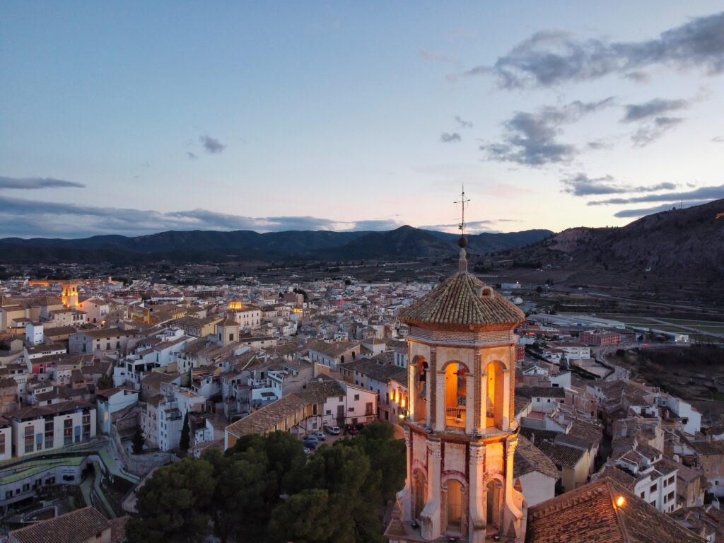 Beautiful view of the church in Cehegin, Murcia Spain in the evening